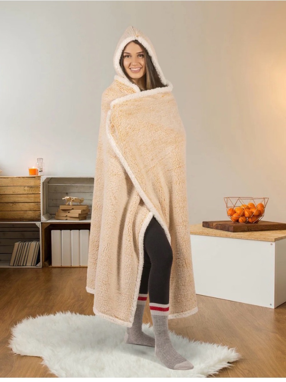 Cozy Hooded Sherpa Hooded Throw - yellow/orange/white